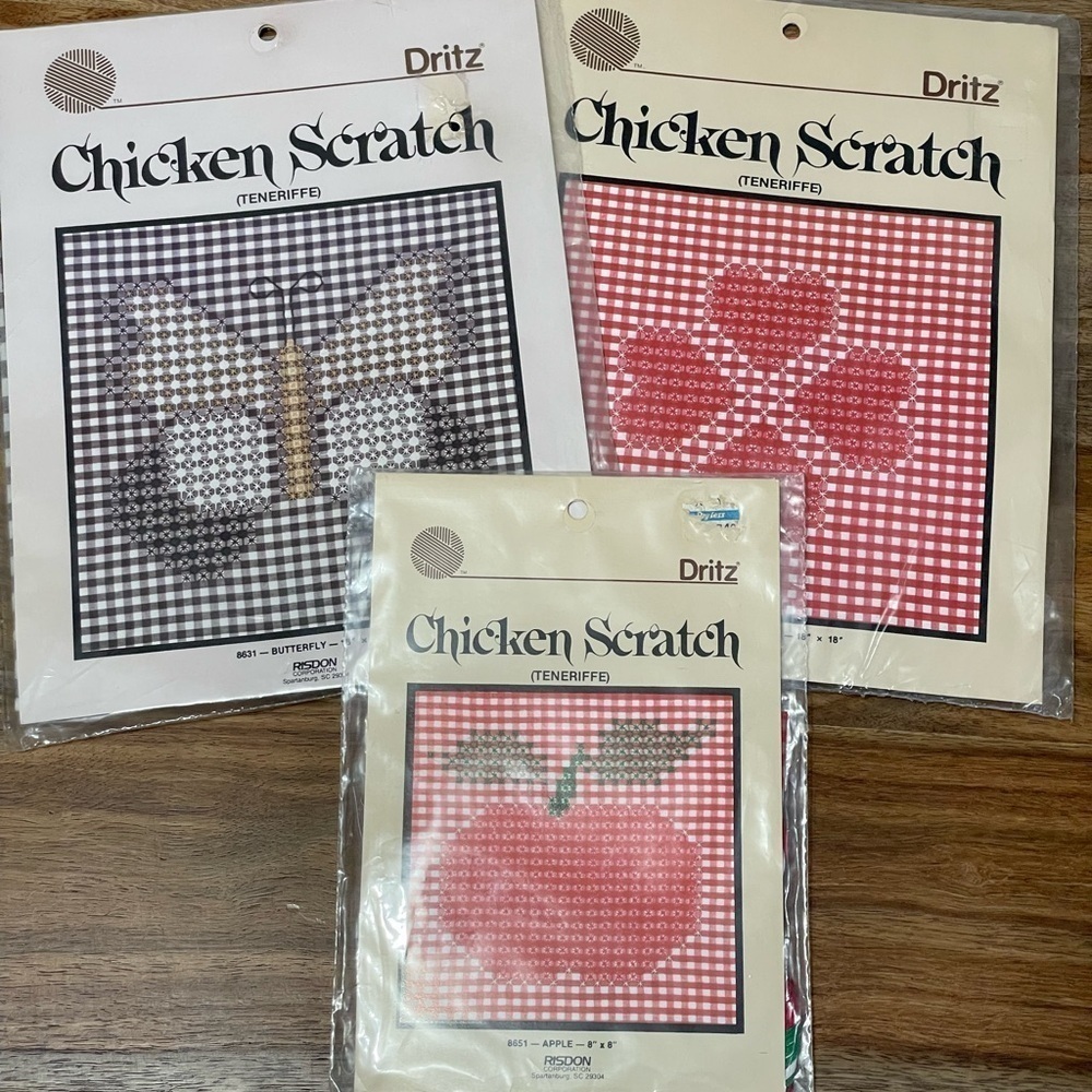 Dritz Chicken‎ Scratch Embroidery Kit Lot 3 Butterfly Heart Apple Red Black NEW